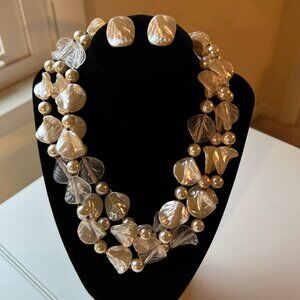 Handcrafted, shell and pearl, beaded necklace and earring set,  18" long